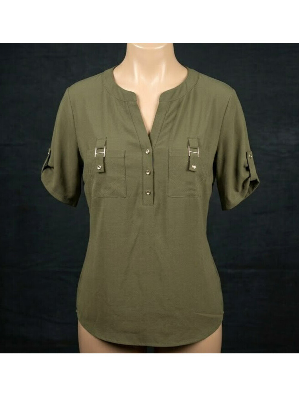 PerSeption Concept Women's Small Blouse Olive Green Split V-Neck Roll-Tab Short